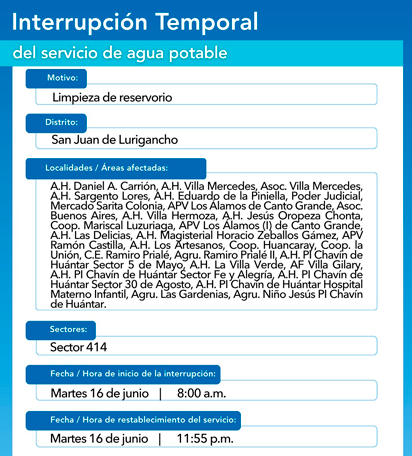 Corte de agua en SJL el 16 de junio.