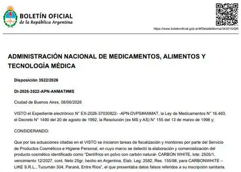ANMAT prohibe uso del dentífrico mediante la Disposición 3522/2026.