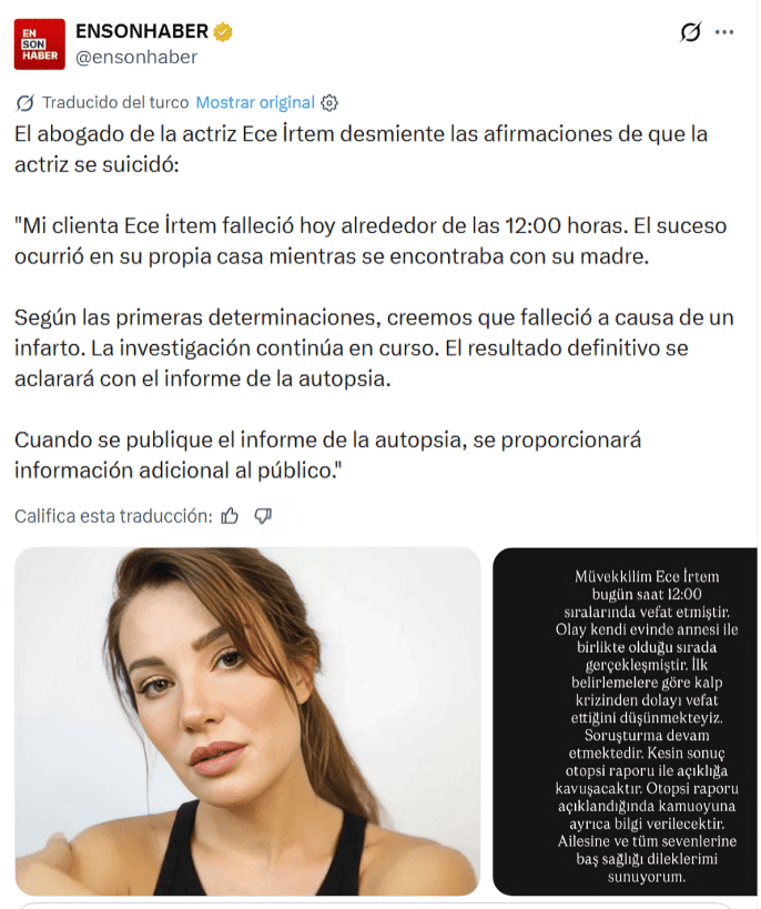 El mensaje del abogado de la actriz Ece Irtem