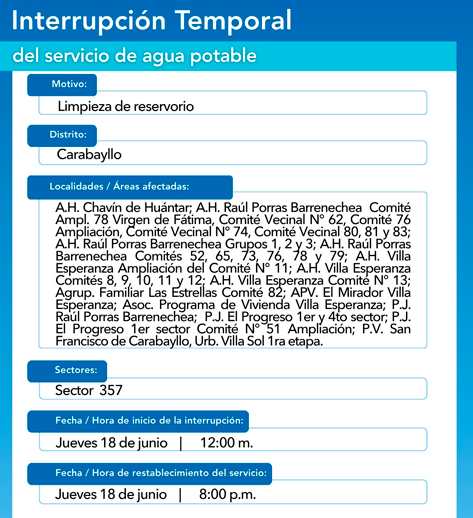 Sin servicio en Carabayllo el 18 de junio.