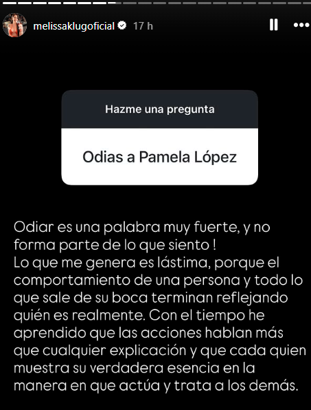 Melissa Klug descarta sentir odio hacia Pamela López.