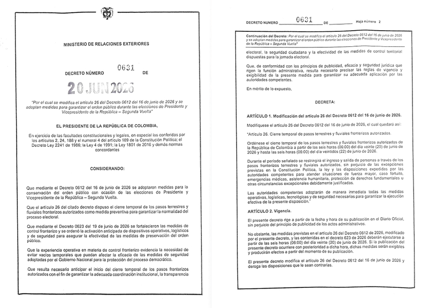Orden de cierre de fronteras terrestres y fluviales para segunda vuelta presidencial en Colombia.