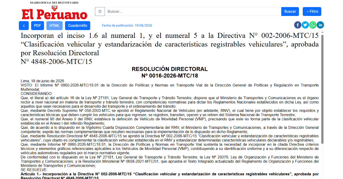 Resoluci�n Directoral publicada en la p�gina web del diario El Peruano