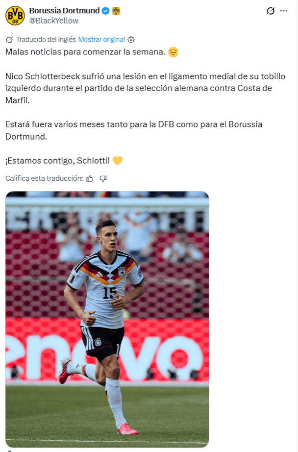 Mensaje de Borussia Dortmund que confirma la lesión de Schlotterbeck