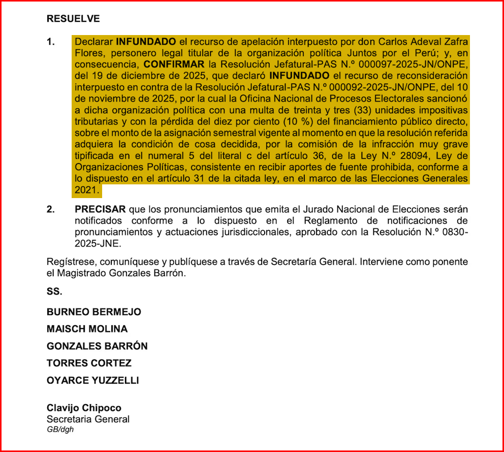 Resoluci�n de JNE declara infundada la apelaci�n para revertir rechazo a reconsideraci�n de la multa.