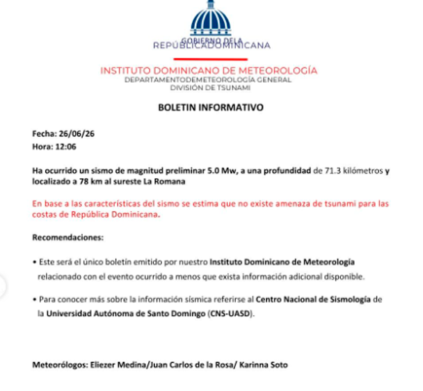 Reporte s�smico en Rep�blica Dominicana.
