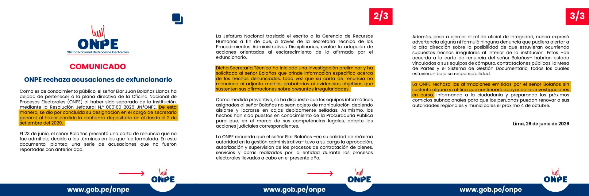 ONPE se�ala que exsecretario nunca present� pruebas ni advertencias de presuntas irregularidades.