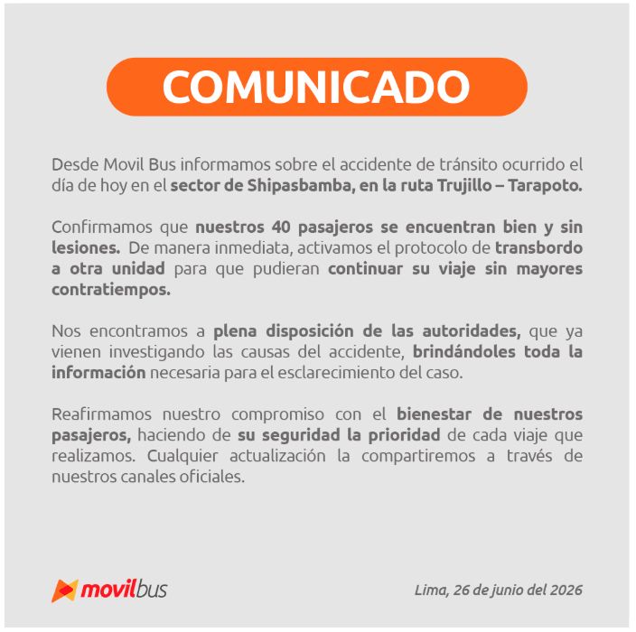 Empresa de bus emite comunicado sobre el accidente de tránsito.