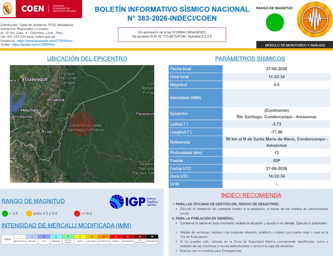 Bolet�n del sismo sentido en Amazonas, seg�n COEN-INDECI.