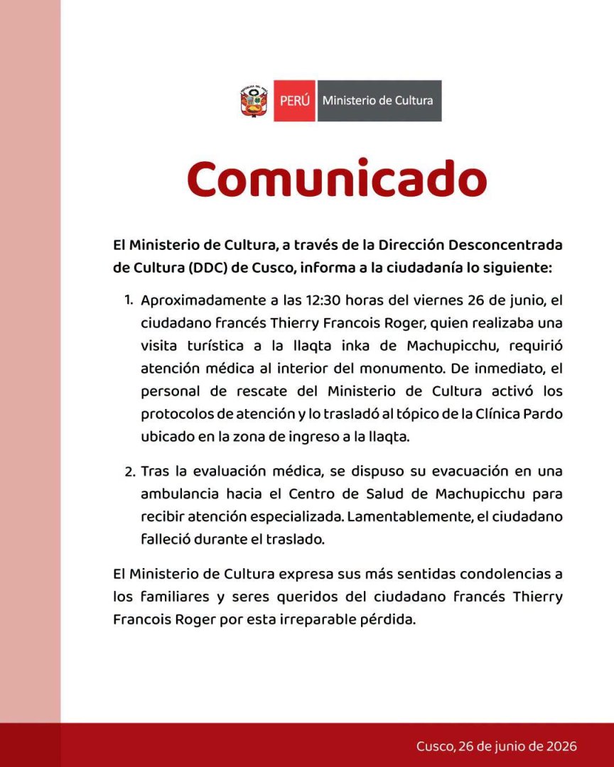 Comunicado de la Direcci�n Desconcentrada de Cultura (DDC) del Cusco