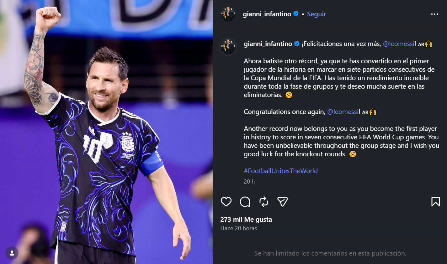 A trav�s de sus redes, Infantino felicit� al delantero argentino.