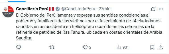 Cancillería peruana se pronuncia tras accidente en Arabia Saudita.