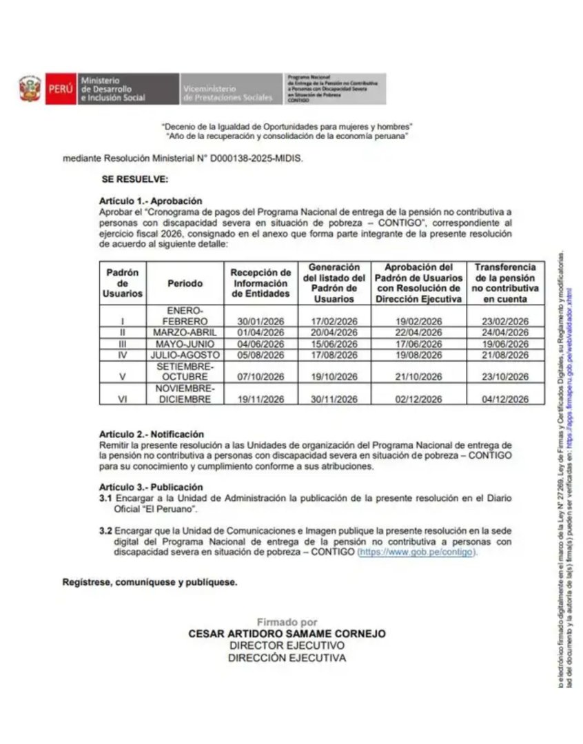 Cronograma de pagos del Programa Contigo 2026