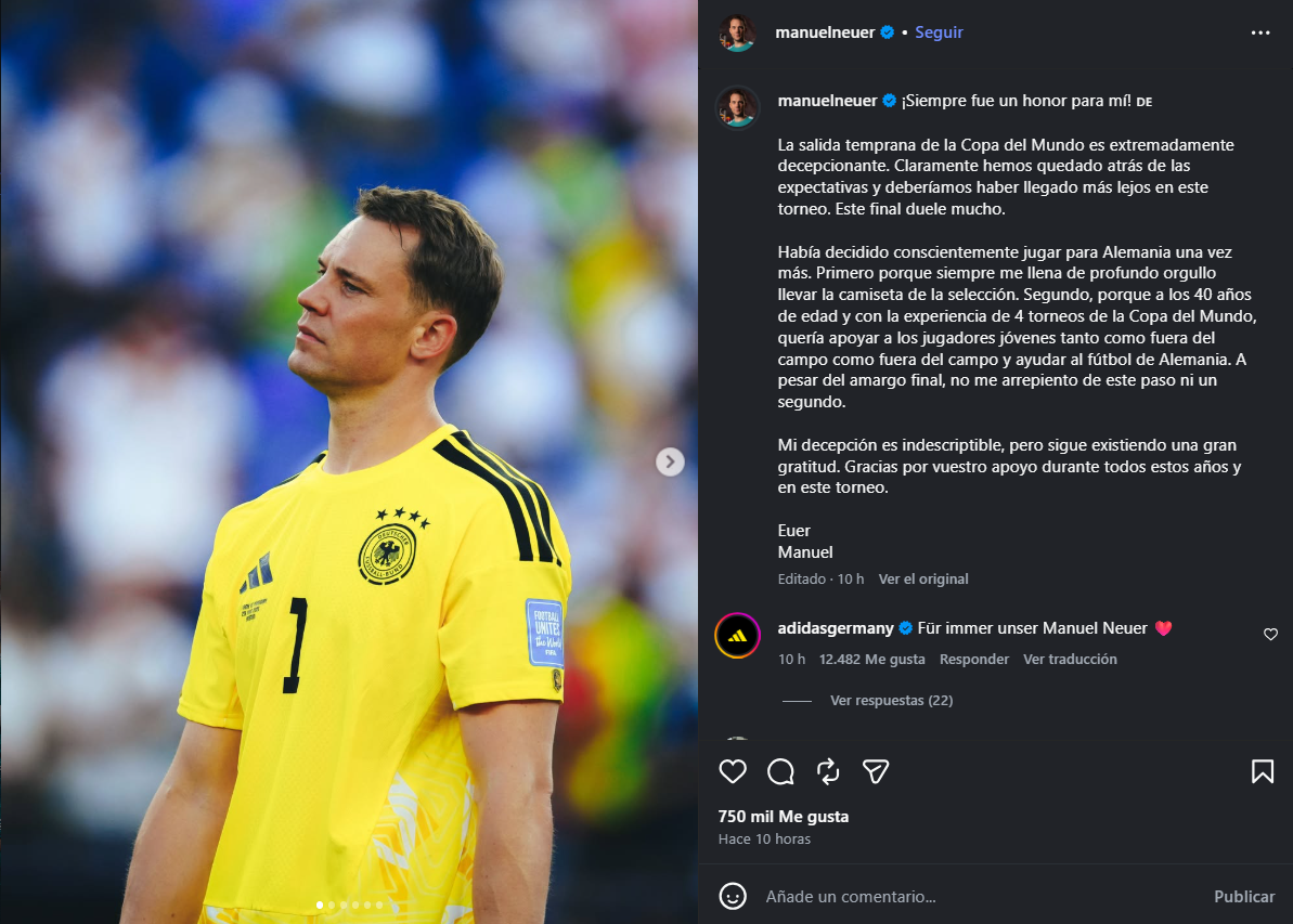 Neuer hizo oficil su decisión en redes sociales.