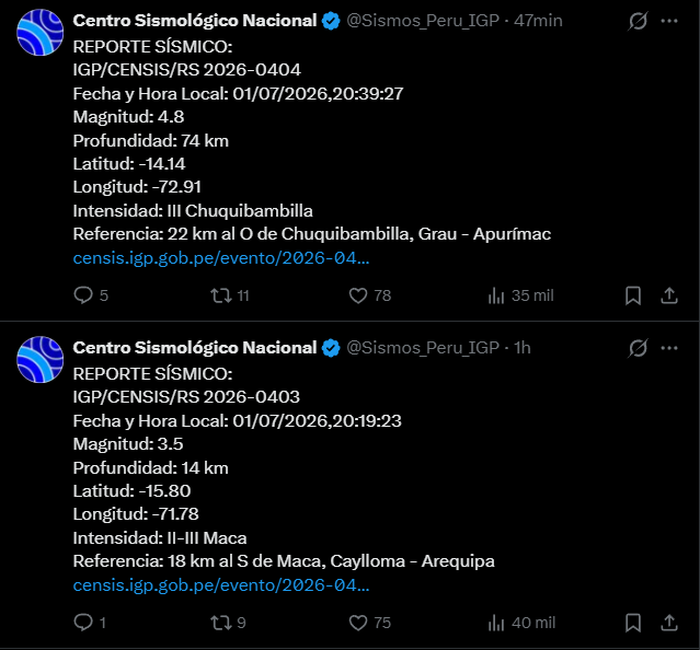Reportes de sismos.