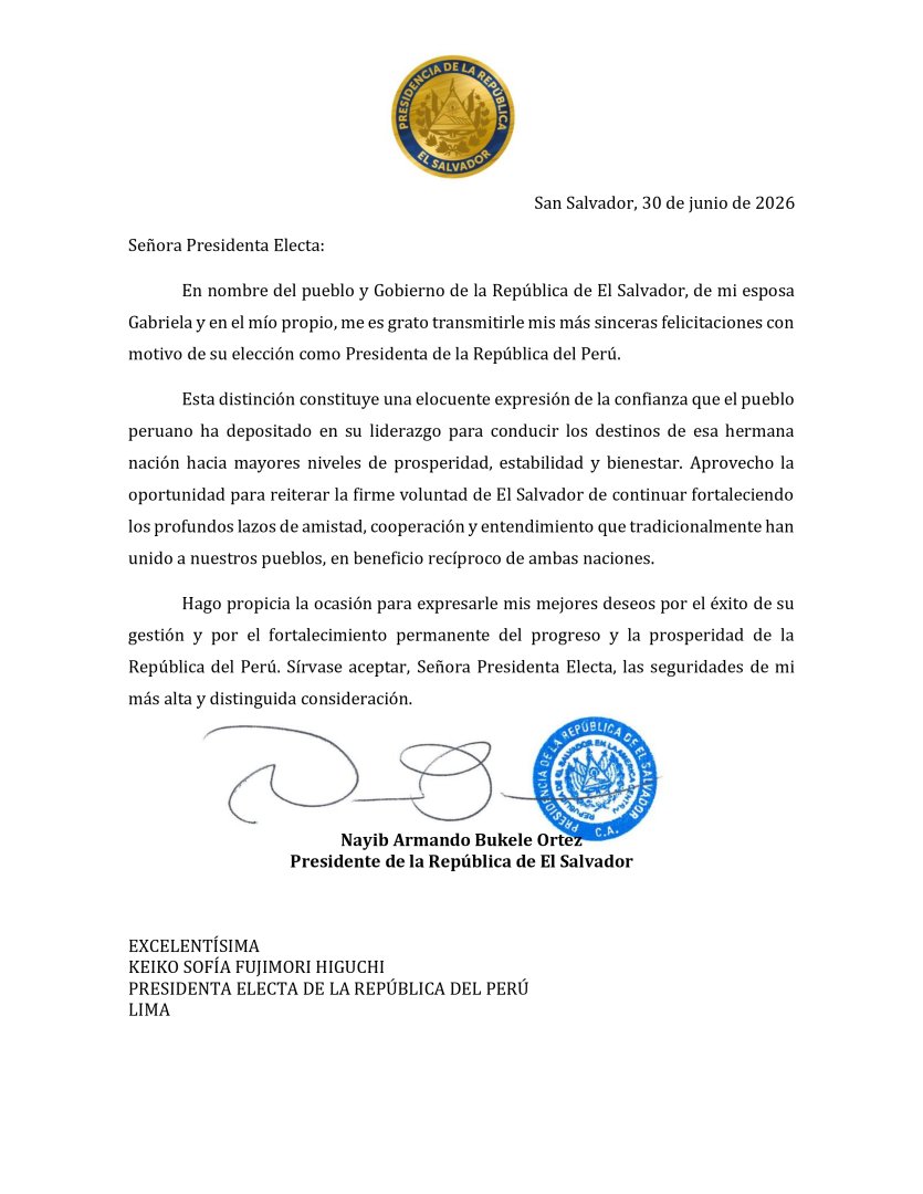 Saludo presidencial de Bukele a Keiko Fujimori