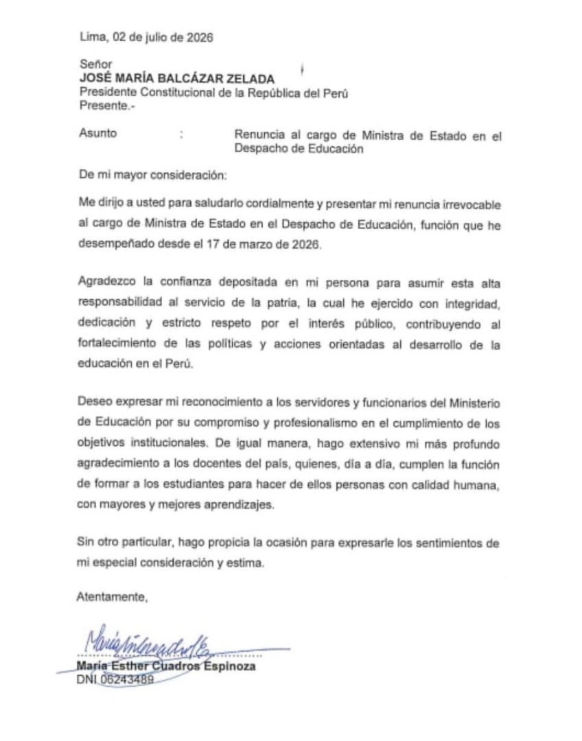 Ministra de Educación presentó su renuncia irrevocable