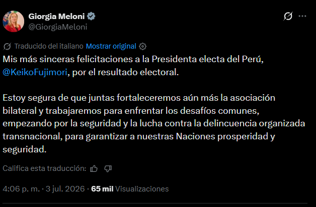 Giorgia Meloni saluda a Keiko Fujimori.
