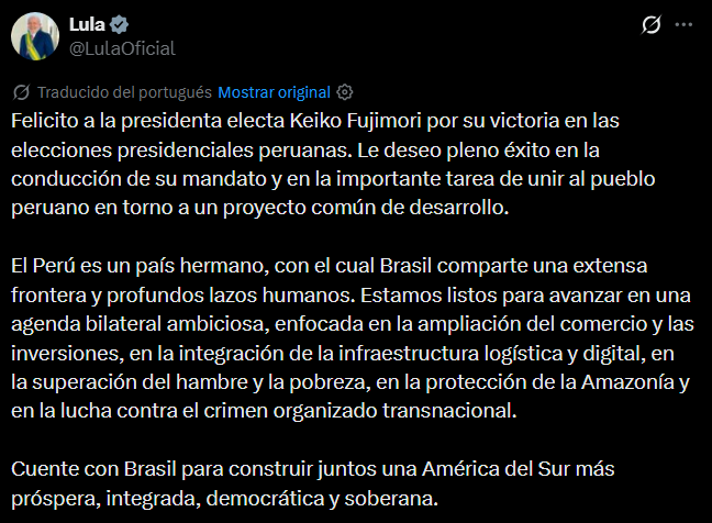 Da Silva reconoció el resultado electoral y adelanta apertura con gobierno de Keiko Fujimori.
