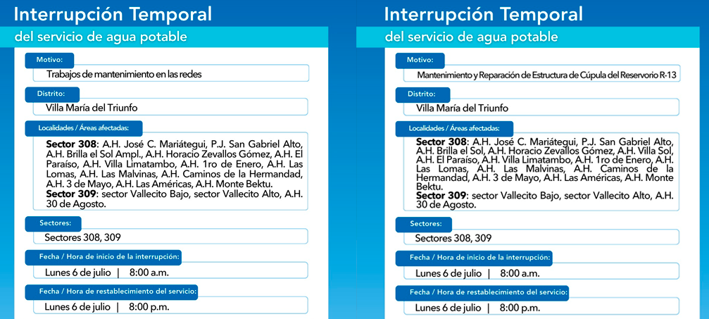 Zonas de VMT afectadas por corte de agua el lunes 6 de julio.