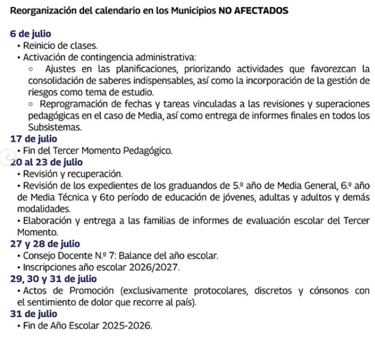 Calendario de actividades escolares en Venezuela tras los terremotos del 24 de junio.