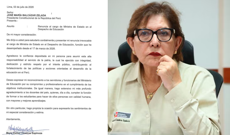 Mar�a Esther Cuadros present� su renuncia como ministra de Educaci�n el 2 de julio.