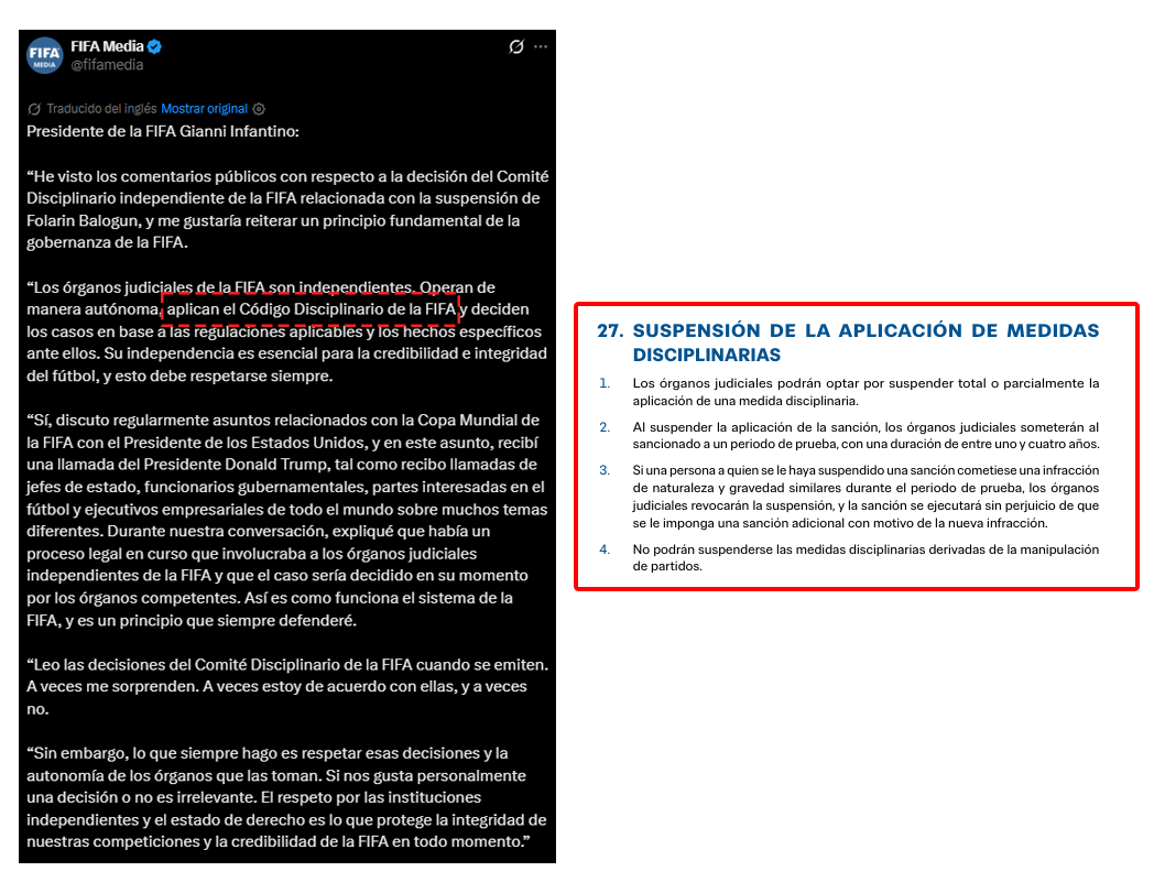Comunicado de la FIFA alega independencia e imparcialidad.