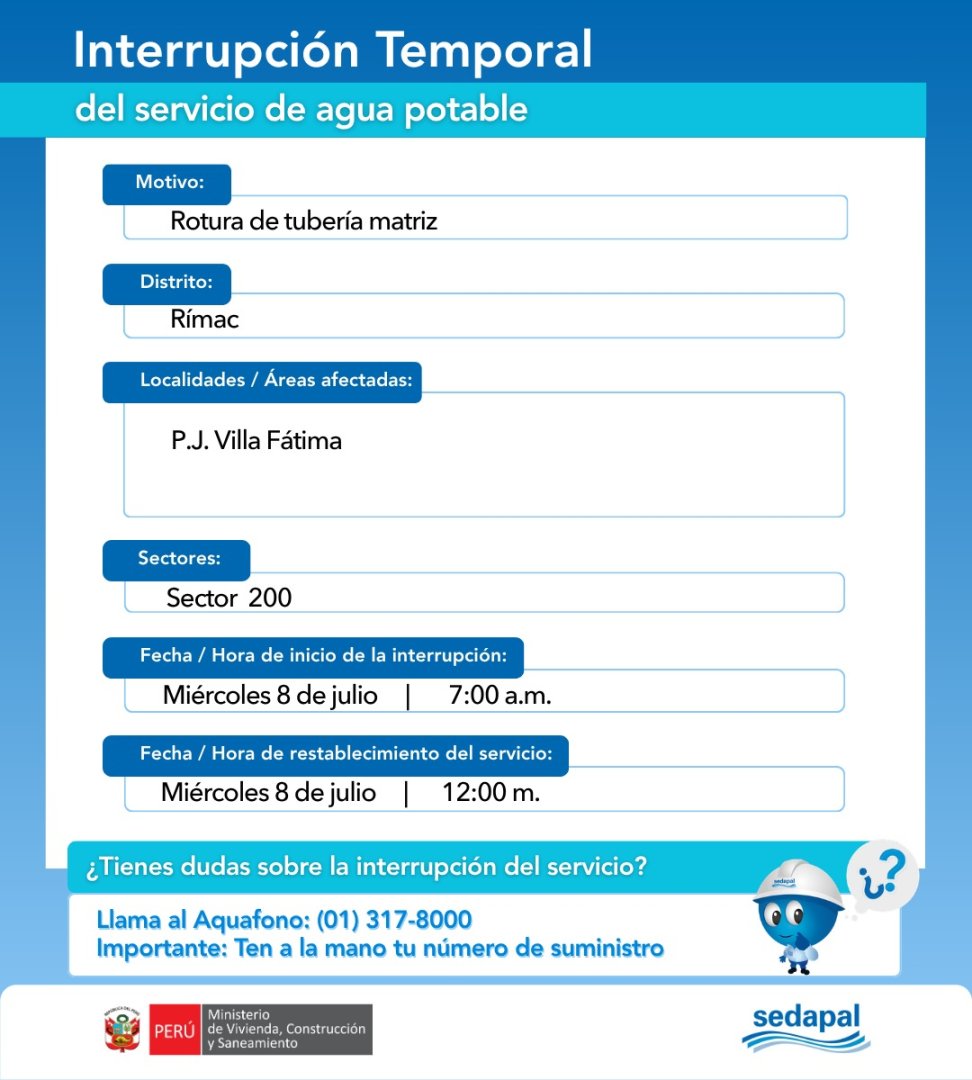Zonas y horas de corte de agua en RIMAC