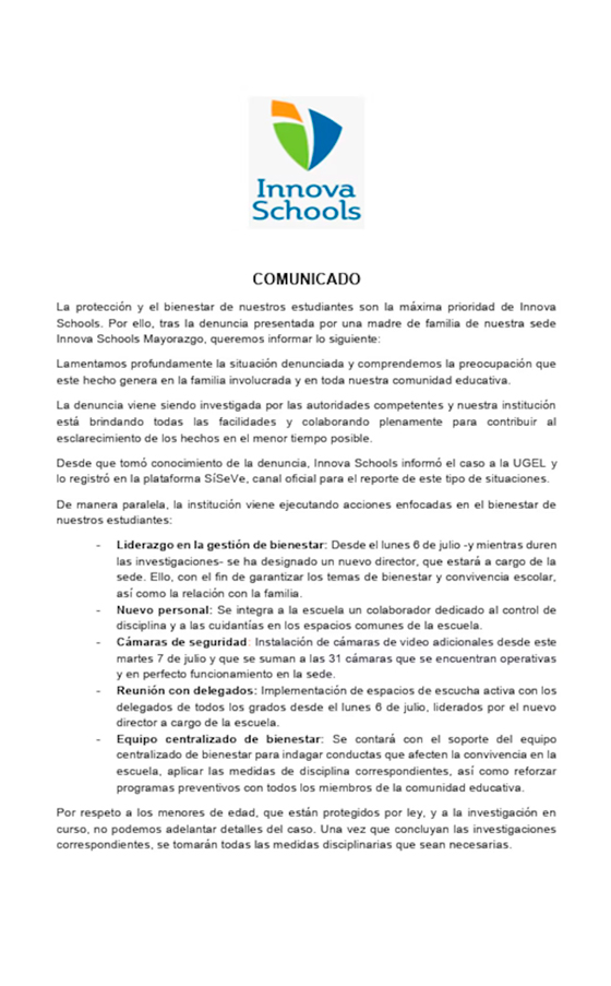 Comunicado de Innova School