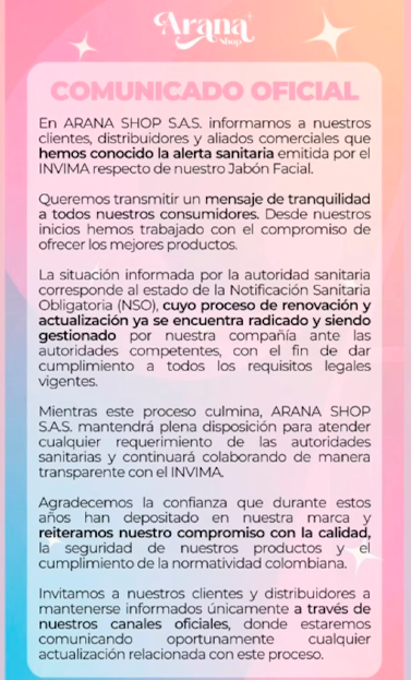 Dueño de Arana Shop se pronunció tras alerta del Invima.