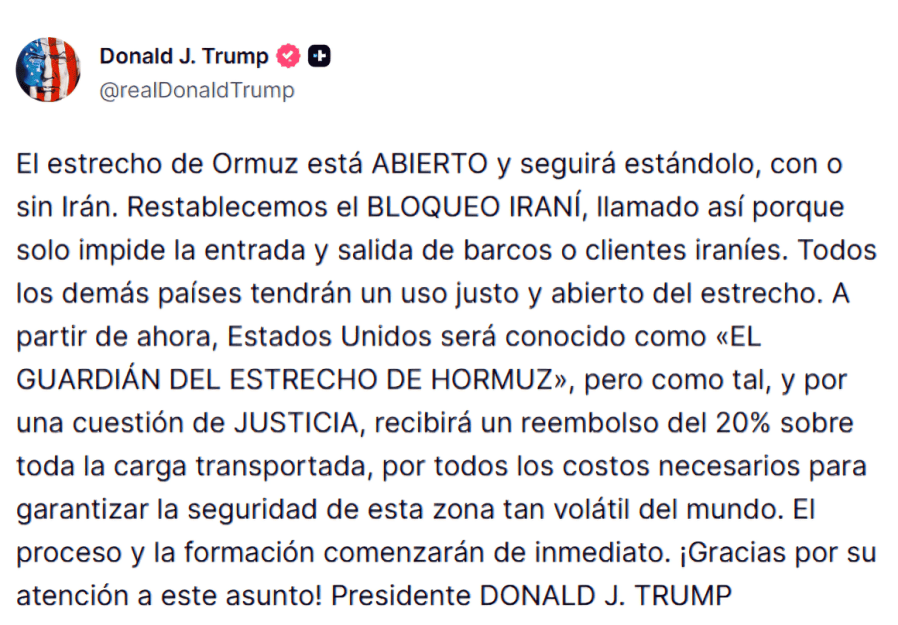 Publicación de Donald Trump en su cuenta de Truth Social