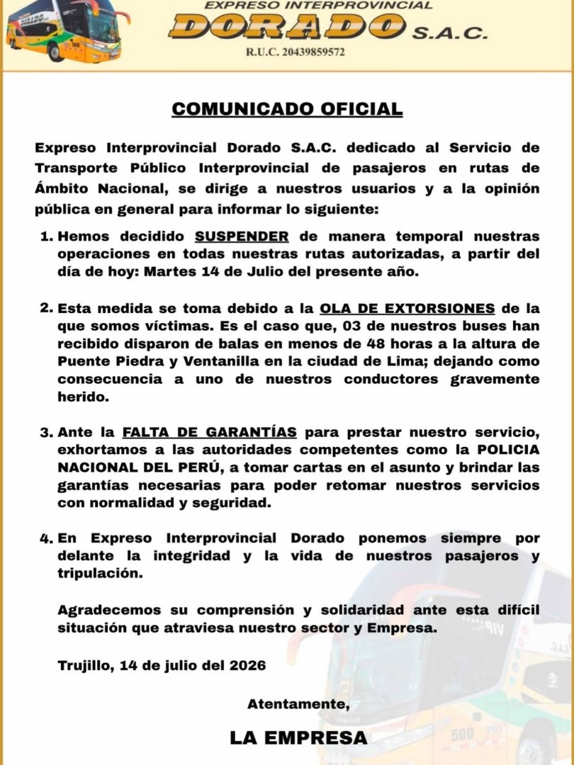 Comunicado de la empresa de buses Dorado en el que anuncia la suspemnsión de sus operaciones