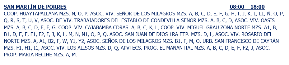 Zonas afectadas por corte de luz en San Martín de Porres.
