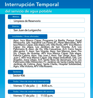 Corte de agua en SJL el 17 de julio.