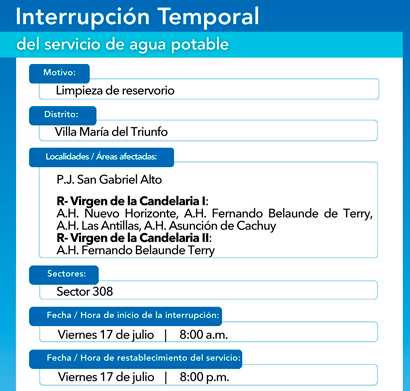 Sin agua potable dede las 8:00 a.m. hasta las 8:00 p.m. en SJL.