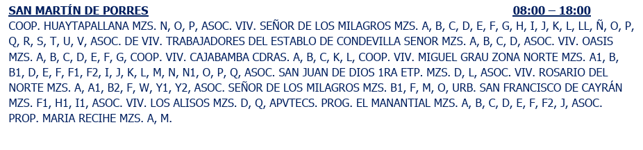 Sectores de SMP sin electricidad el viernes.