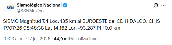 SSN México brinda reporte del terremoto sentido hoy, 17 de julio.