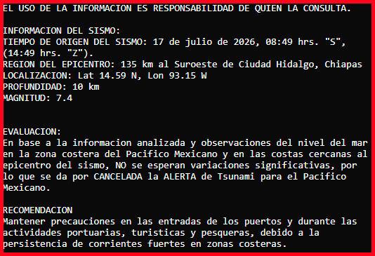 Reporte por alerta de tsunami.