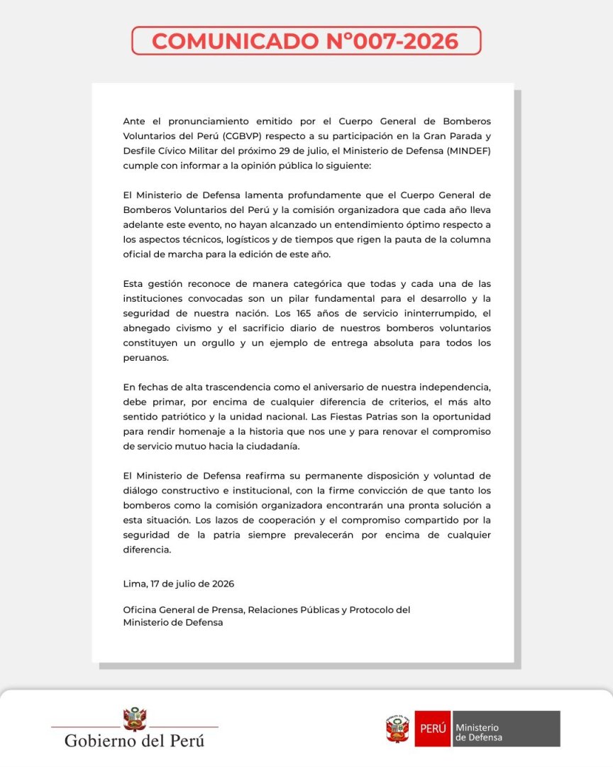 Comunicado del Ministerio de Defensa