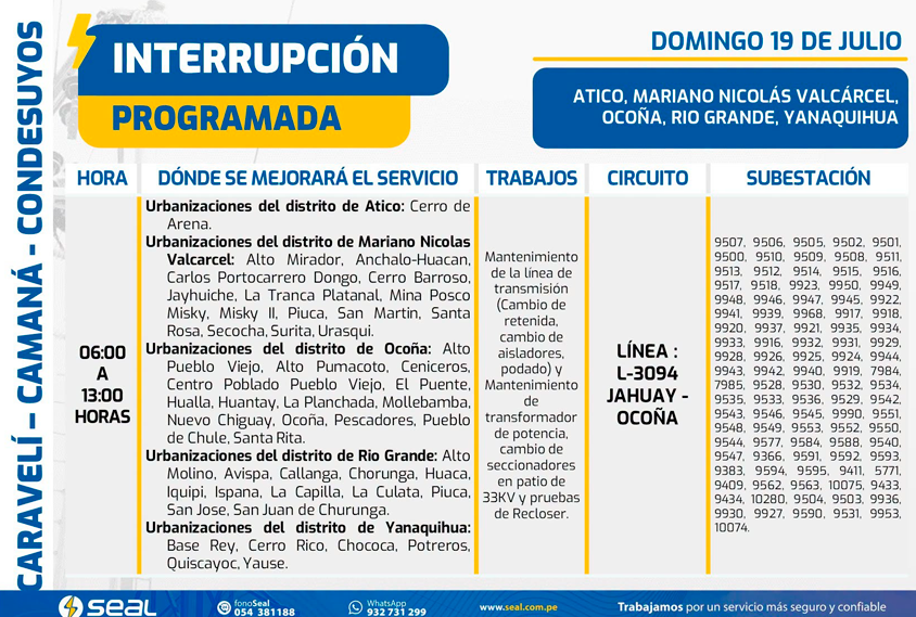 Zonas sin electricidad el 19 de julio.