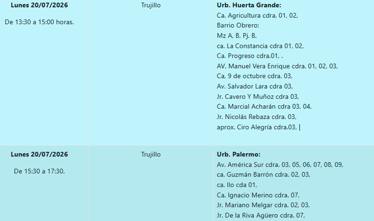 Interrupción del servicio el 20 de julio en Trujillo.
