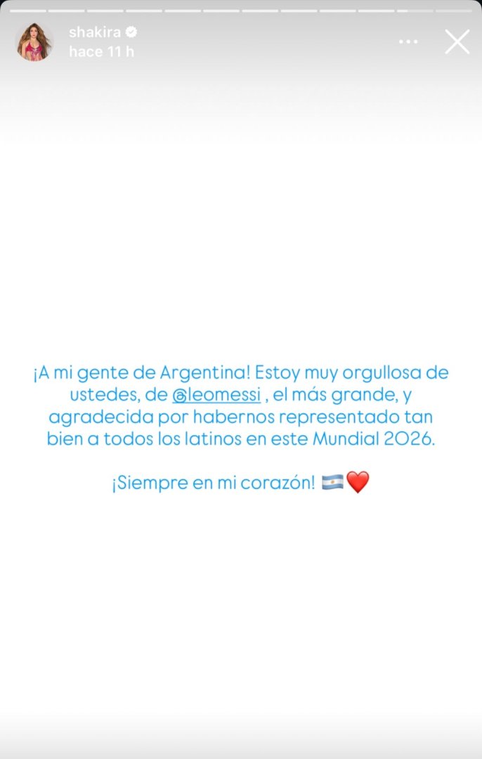 Shakira felicita a Argentina por el segundo puesto