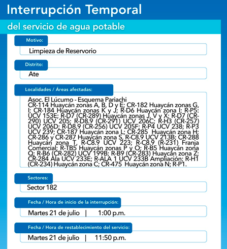 Interrupción del servicio de agua en Ate el 21 de julio.