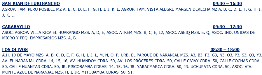 Sectores afectados y horario de corte y reposición del servicio eléctrico.