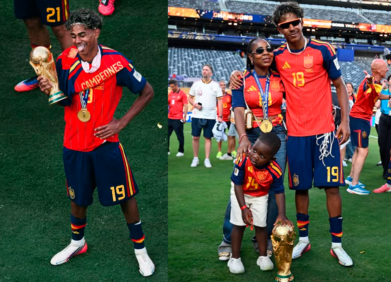 Yamal junto a su familia tras España campeón del Mundial 2026.