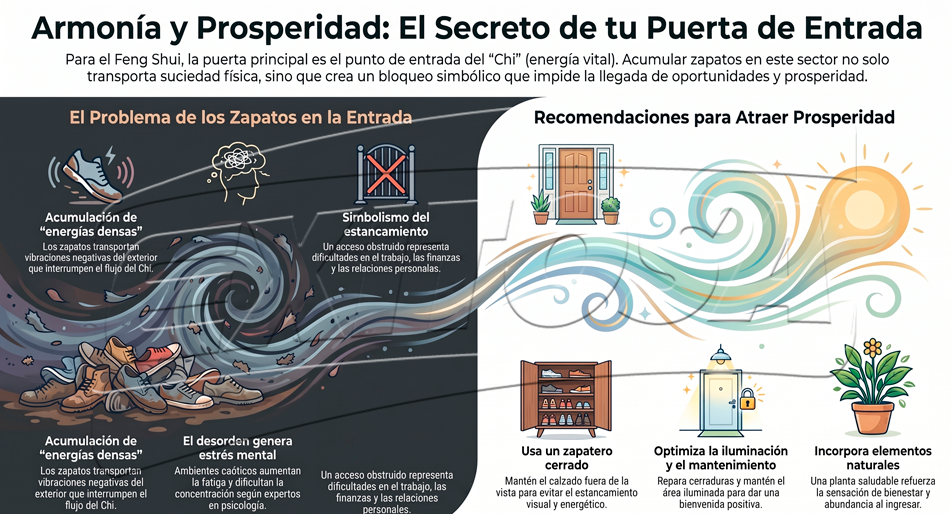 Objeto que no debe ir en la entrada de la casa: zapatos acumulados.