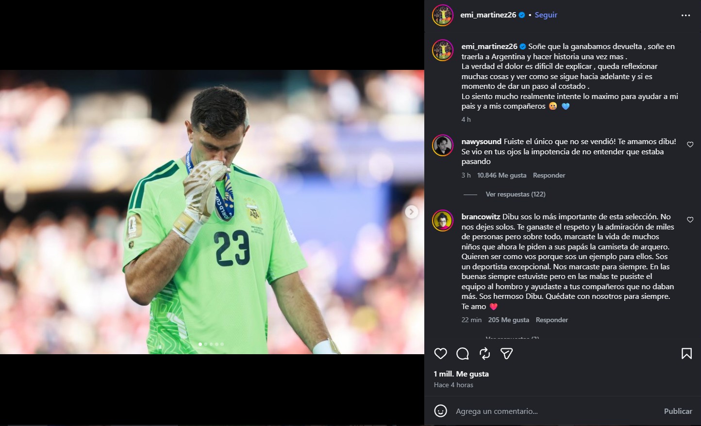 Post de instagram de Emiliano Martínez después de perder la final del Mundial