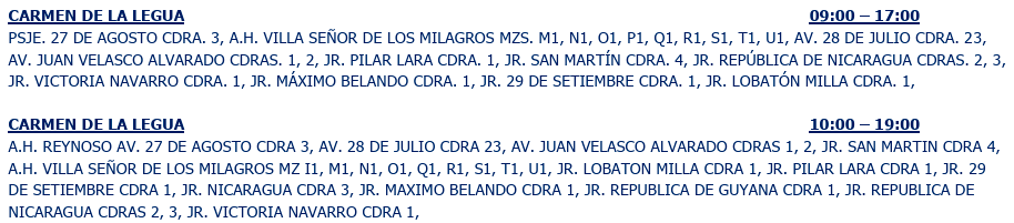 Calles y avenidas de Carmen de La Legua afectadas por corte de luz el 22 de julio.