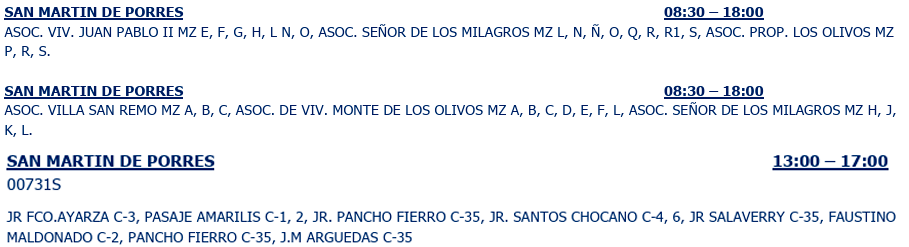 Áreas afectadas en SMP con corte de luz.