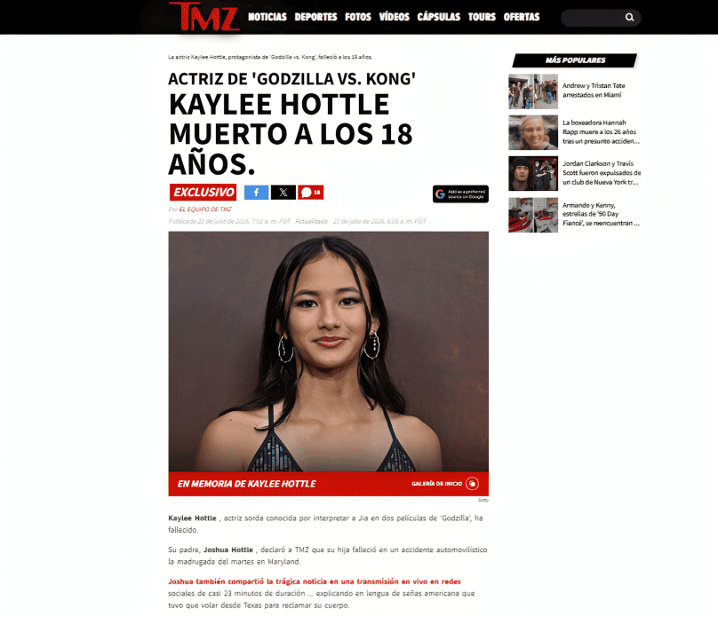 TMZ informa sobre la muerte de Kaylee Hottle